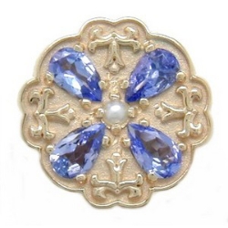 N610 14K PEAR SHAPE TANZANITE AND PEARL SLIDE WITH FLEUR DE LIS DETAIL 